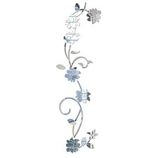 Flower Vine Acrylic Mirror Wall Stickers, Elegant Sticky Mirror Wall Silver