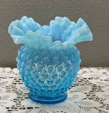 FENTON Blue Opalescent Hobnail Vase Double Crimped  Bulbous Shape 4.5”