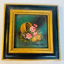 Vintage Miniature Oil Painting Wood Frame Flowers Floral Original Signed Art