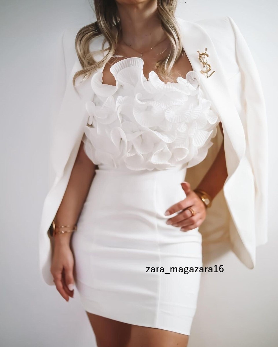 ZARA WOMAN WHITE PLEATED RUFFLES MINI DRESS SIZE XL REF