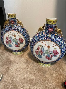 Pair Large Antique Chinese Porcelain Guangcai Moonflask Vase 19thC. 15.5"H