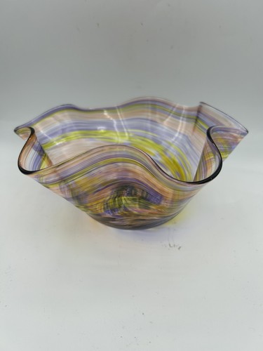 Purple Yellow Orange Whimsy Swirl Crimped Hand Blown Art Glass Bowl 7" Spring