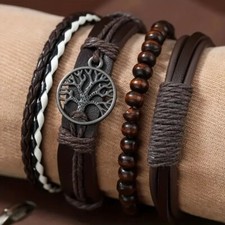 4pcs Woven PU Leather Bracelet Men's Vintage Tree Of Life Wooden Bead BROWN USA