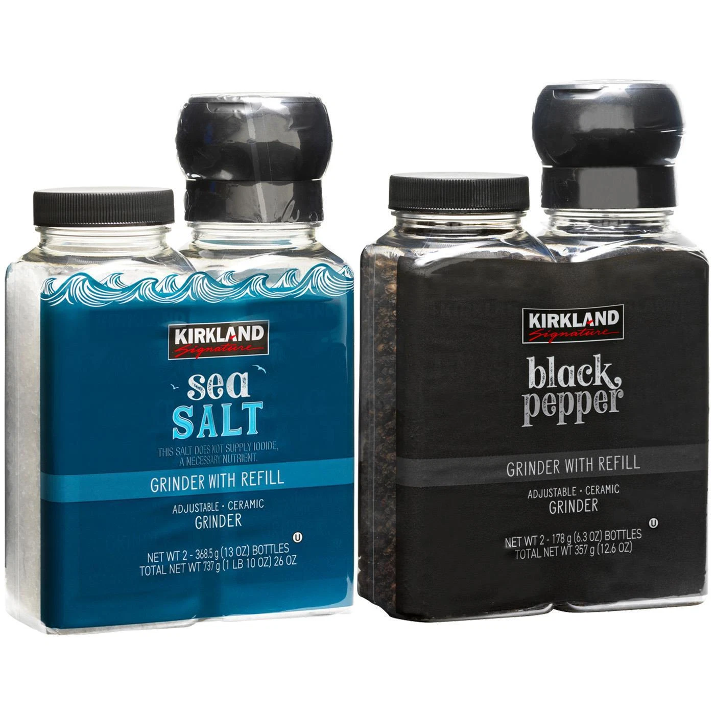 Kirkland Signature Black Pepper Corn Sea Salt Spice Adjustable Grinder + Refill
