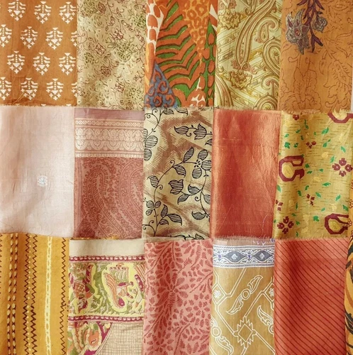 ON Vintage 50 Pcs Recycled Silk Sari Remnants 8"X8" Fabric Scraps Brown image 2