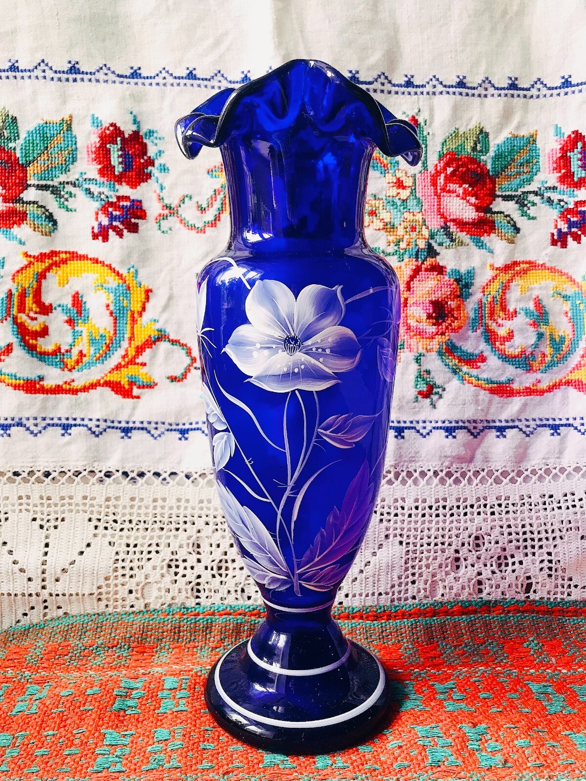Blue glass vase for flowers Gift for her, handpainted table decoration