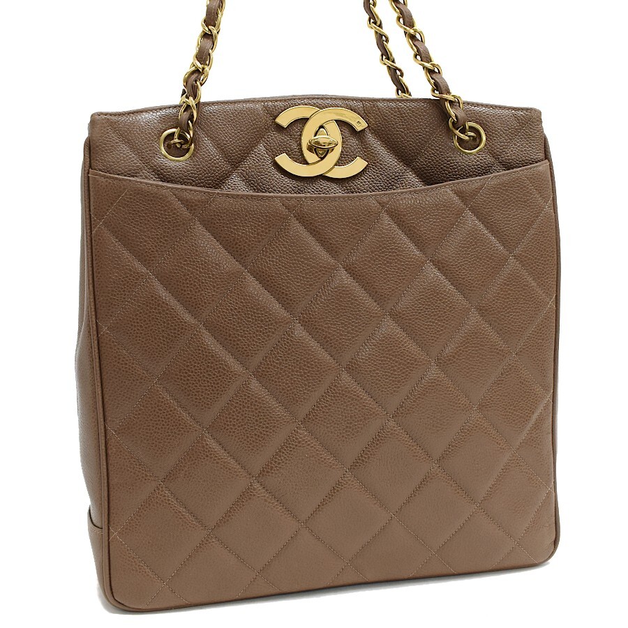 CHANEL Brown Leather Chain Tote Bag with Gold Accents  