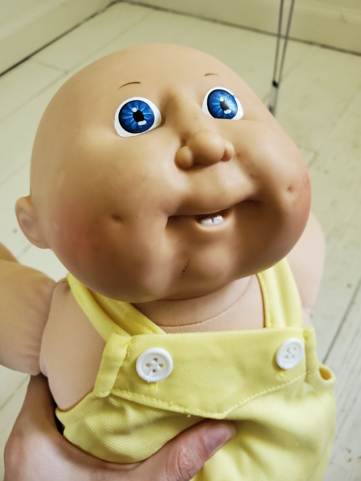 1986 Vintage Cabbage Patch Kids Bald Baby With Teeth Overalls Blue Eyes Teeth
