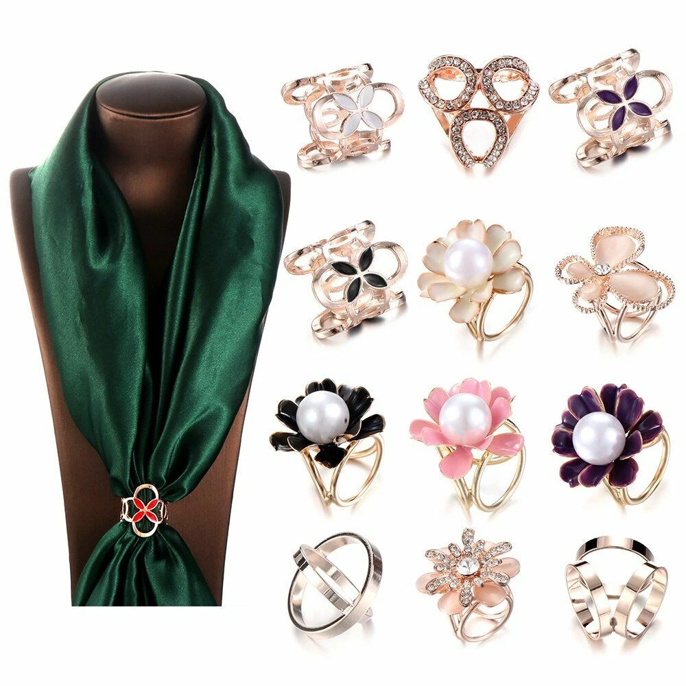 Women's Scarf Ring Clip-Holder-Crystal Flower Brooch Silk Jewelry K8O3