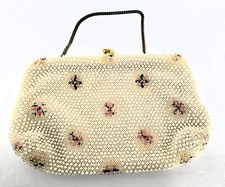 Vintage Corde Bead Ivory Beaded Lumured Floral Clutch Evening Bag Purse 1950/60s