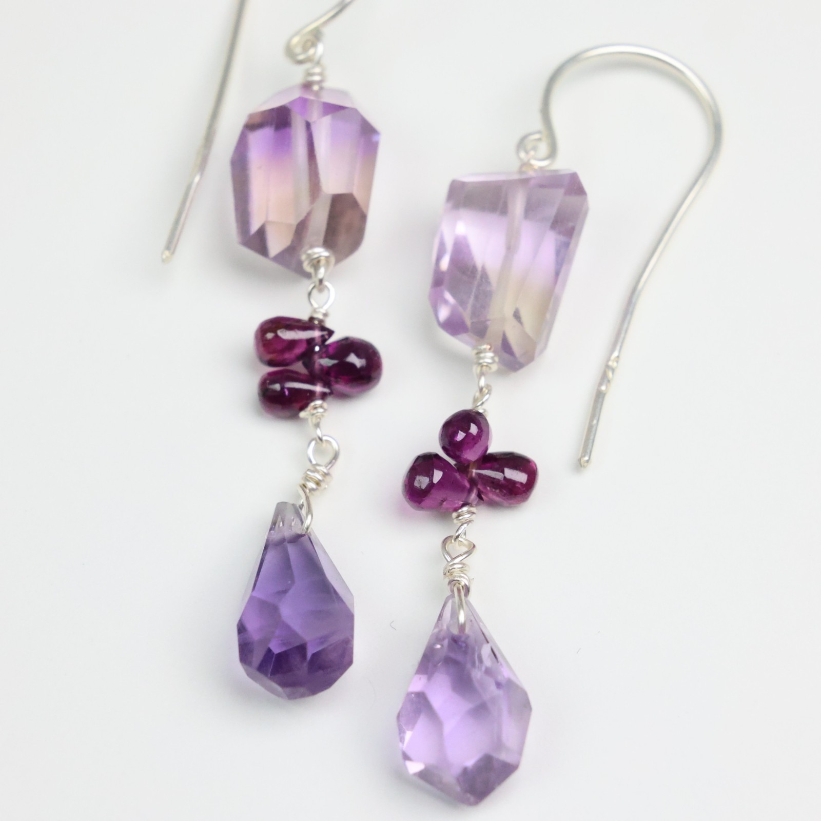 Boucles d'oreilles argent grenat amétrine améthyste pierre précieuse 2509