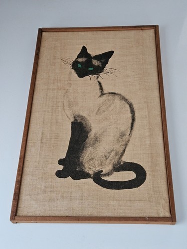 VINTAGE Siamese Cat Kitten GREEN EYES on fabric wood Framed Wall Art