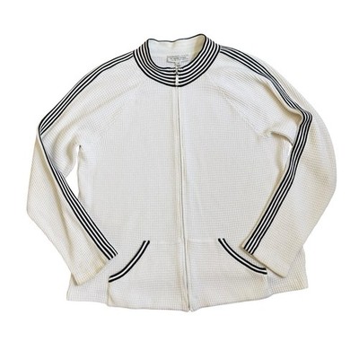 St John Sport Waffle Knit Full Zip Sweater Sweatshirt Size Medium White Black 