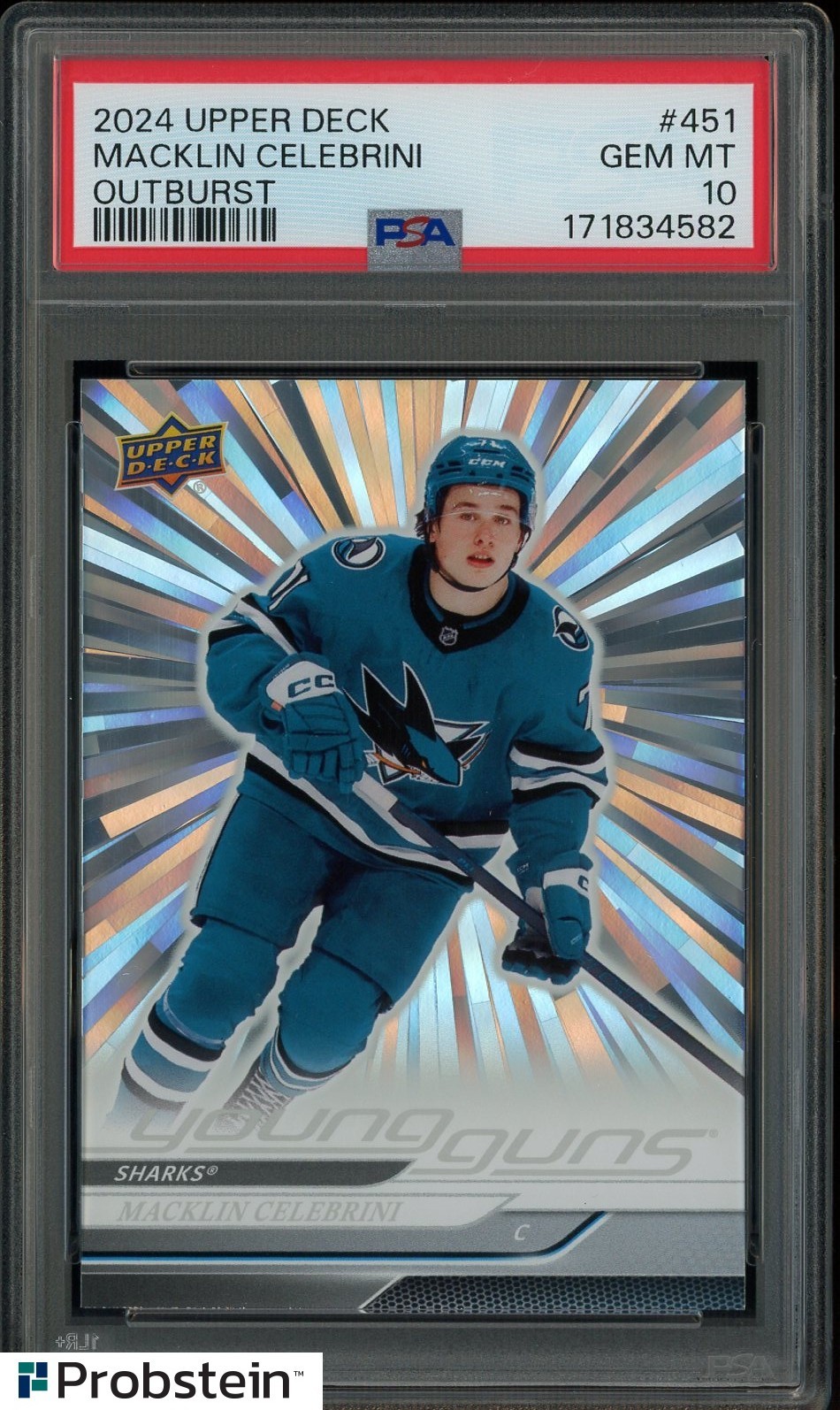 2024-25 Upper Deck Hockey Young Guns Outburst #451 Macklin Celebrini RC PSA 10 view 1