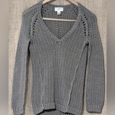 Ann Taylor LOFT Women's Size XS Cable Knit V-neck Grey   2 / 15  