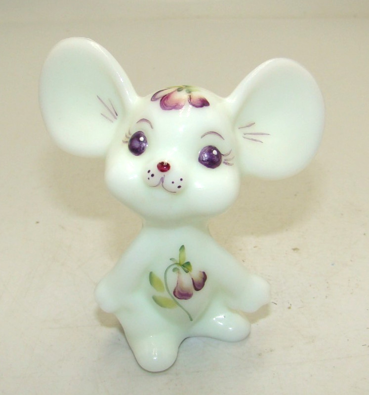 Fenton Hand Painted Pansies on Milk Glass Mouse Figurine
