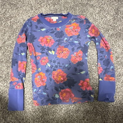 #ad Sundance Women Petites PS Blue Floral Knit Cotton Crew Neck Long Sleeve Top $40.00