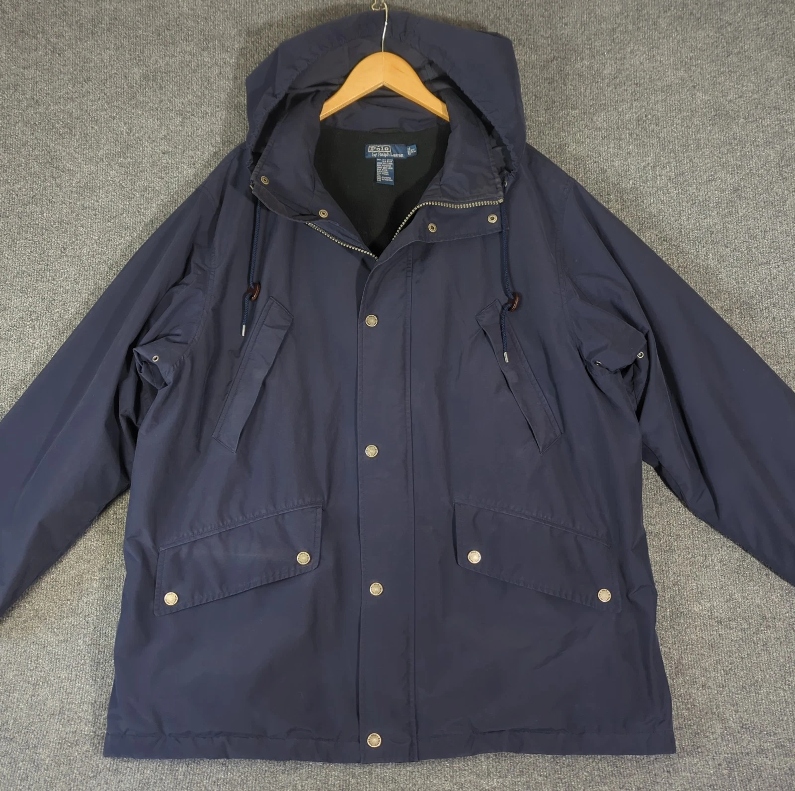 Vintage 90s Polo Ralph Lauren Parka Jacket Navy Fleece Lined Quilted Men's XL