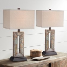 Rustic Table Lamps Set of 2 Natural Stale Rectangular for Living Room Bedroom