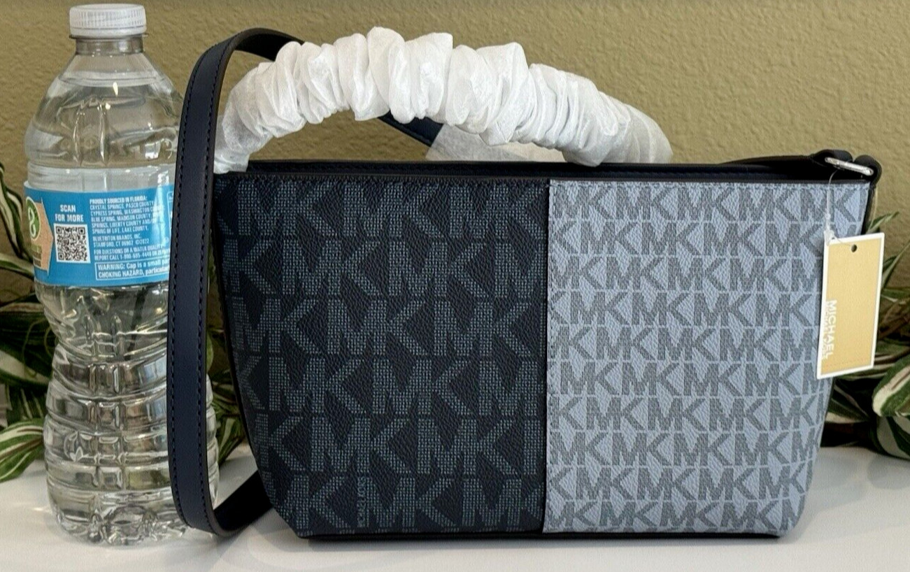 MICHAEL KORS JET SET SMALL TOP ZIP CROSSBODY BAG 2 TONE MK NAVY BLUE LOGO SILVER thumbnail 5