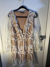 Boohoo  Mini Dress Tan White Lace Plunge V Neck Lace Size 14. Excellent Used