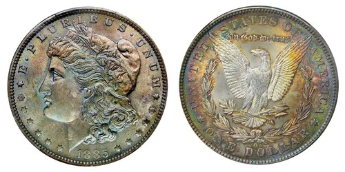 1885-O PCGS MS65 MORGAN $ NICE DOUBLE SIDE TONED RAINBOW (VIDEO)