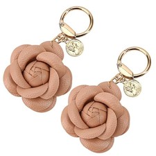 2 Pcs Camellia Leather Flower Keychain Hoop Purse Charm - Floral Jewelry Car