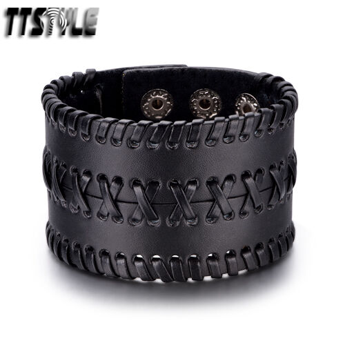 TTstyle Punk THICK  Black Leather Bracelet Wristband Size 17-22cm Length NEW