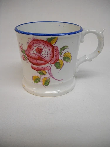 Mid-19th C. STAFFORDSHIRE MUG-HAND-COLORED ROSES, BLUE TRIM-VG