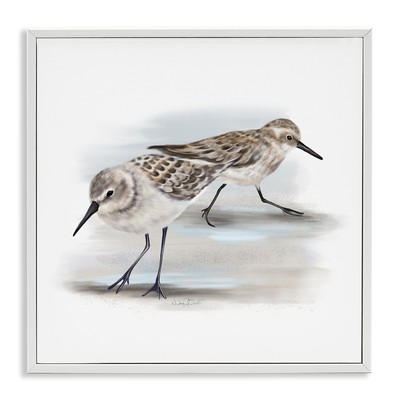 Sandpiper Pair on Sandy Beach Small Nautical Birds Wall Art, 17x17, White Framed
