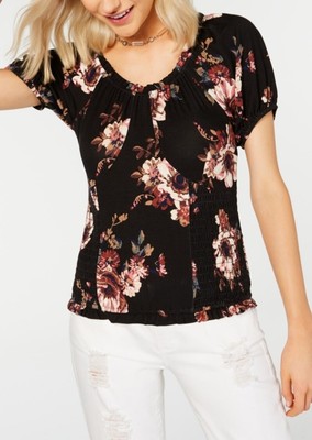AMERICAN RAG Womens Black Floral Pouf Jewel Neck Evening Blouse XS