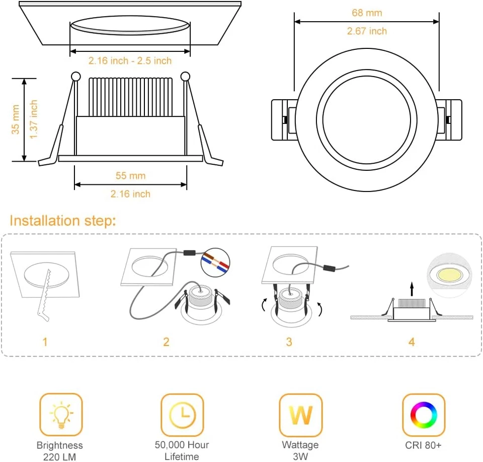2 Inch LED Downlight, 3W 3000K Warm White Recessed Lighting Dimmable Ceiling Lig - Image 3 of 4