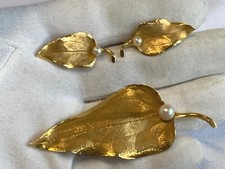 Vtg 14K Yellow Gold Pearl Estate Brooch Earring Set 21g Samuel Kirk & Son