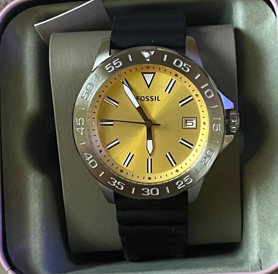 AUTHENTIC FOSSIL BANNON THREE-HAND DATE YELLOW BLACK SILICONE MENS