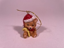 Vintage Teddy Bear Christmas Miniature Ornament Santa Hat Hand Painted