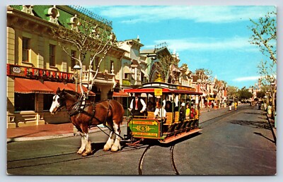 Postcard CA Anaheim Disneyland Horse Drawn Streetcar Leisurely Pace Ride C2