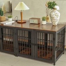 New 4 Door Dog Crate Sturdy Wooden Pet Cage Side Table Bold Metal Tube Kennel XL