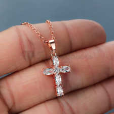 Simulated Diamond Cut Rose Gold Silver Women Pendant Dainty Cross Necklaces