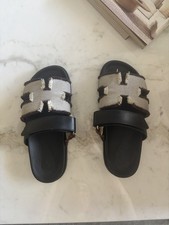 Hermes Womens Chypre Sandal Size US 9 EU 39 Fringed Prunoir Black Grey Tan