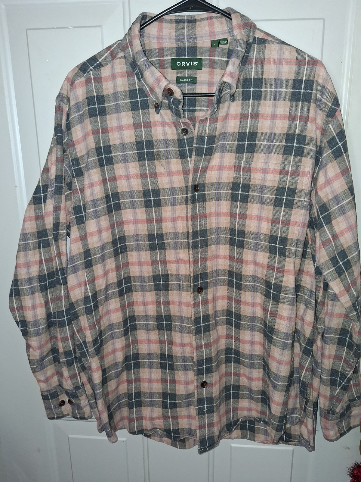 Orvis Plaid Flannel Shirt Mens Large Classic Fit Tan Gray Button Up Long Sleeve