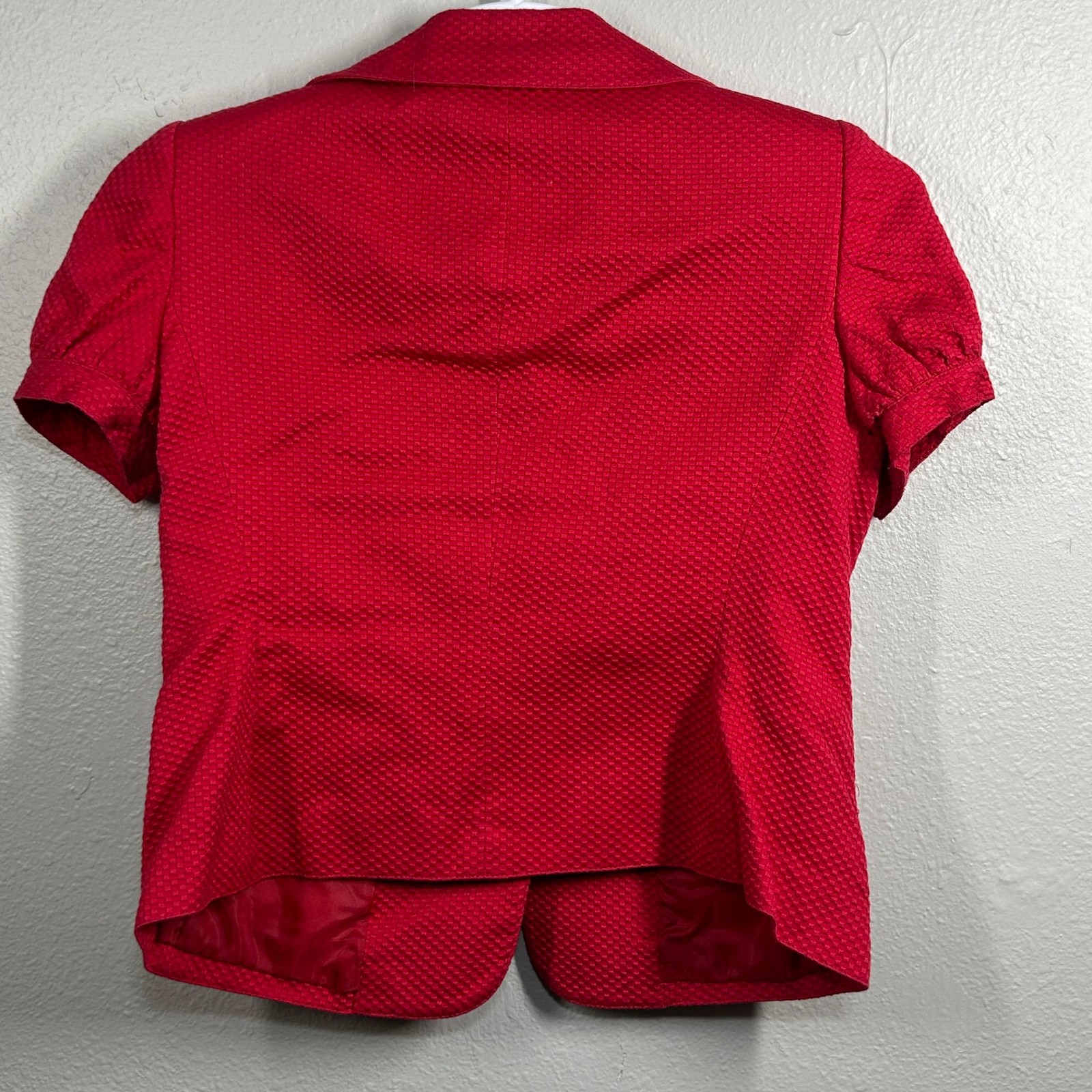 Le Suit Skirt Set Womens Petite 6P Red Textured Button Puff Sleeve Jacket Skirt