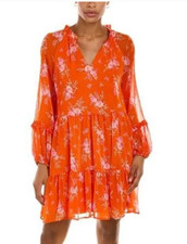 Vince Camuto women's Shift Dress Floral orange ballow sleeve V neck size M