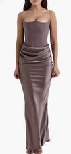 House of CB Womens Anabella Smoke Pebble Grey Satin Corset Maxi Dress Size M
