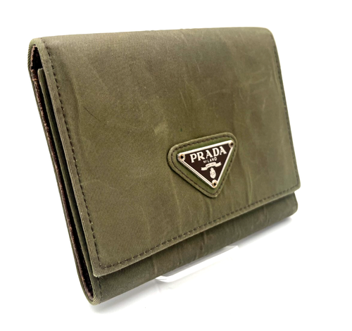 PRADA Tri Fold Portefeuille Sac à Main Tessuto Nylon Cuir Kaki Marron Authentique _0166 - Photo 4/24