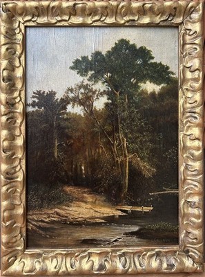 19th Cen.  French School Small Original Oil Painting Forest Landscape, Framed