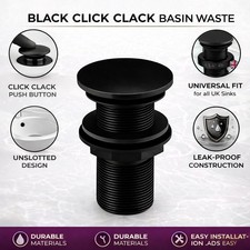 Black Click Clack Basin Waste Unslotted Push Button Sink Plug 1 1/4"
