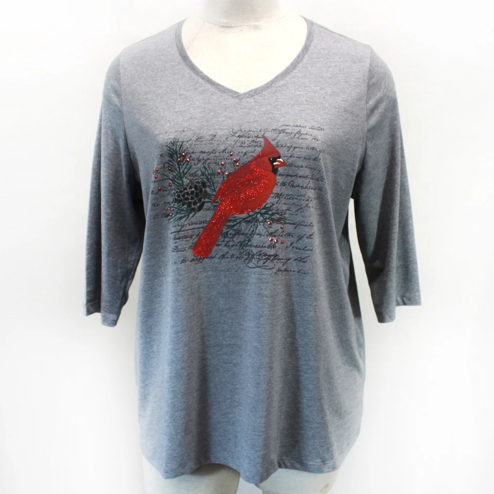 Catherines Plus Gray Cotton Glitter Bird Christmas Top Blouse 6X 38/40W - Image 2 of 4