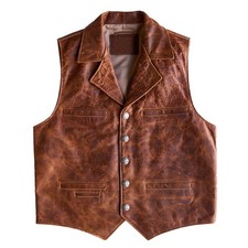 Mens Brown Leather Vest Vintage Biker Motorcycle Waistcoat Western Steampunk