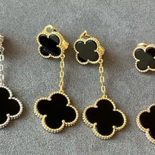 clover dangle earring 925 silver gold plated onyx