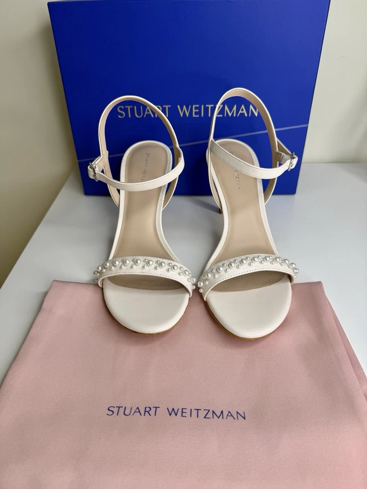 NEW Stuart Weitzman 9.5 Dancer Demipearl Heel Sandal Calf Leather White Wedding - Image 4 of 4